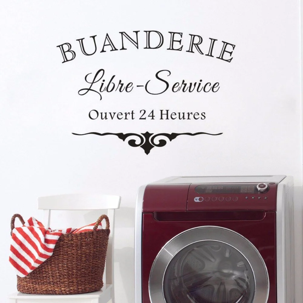 French Style Laundry Room Wall Decal Cloth Shop Utility Room Decor Self Serive Sign Vinyl Wall Sticker Laundry Poster AZ489