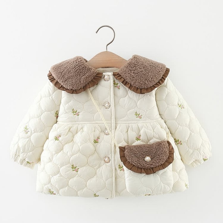 Toddler Girl Embroidered Floral Coat with Bag