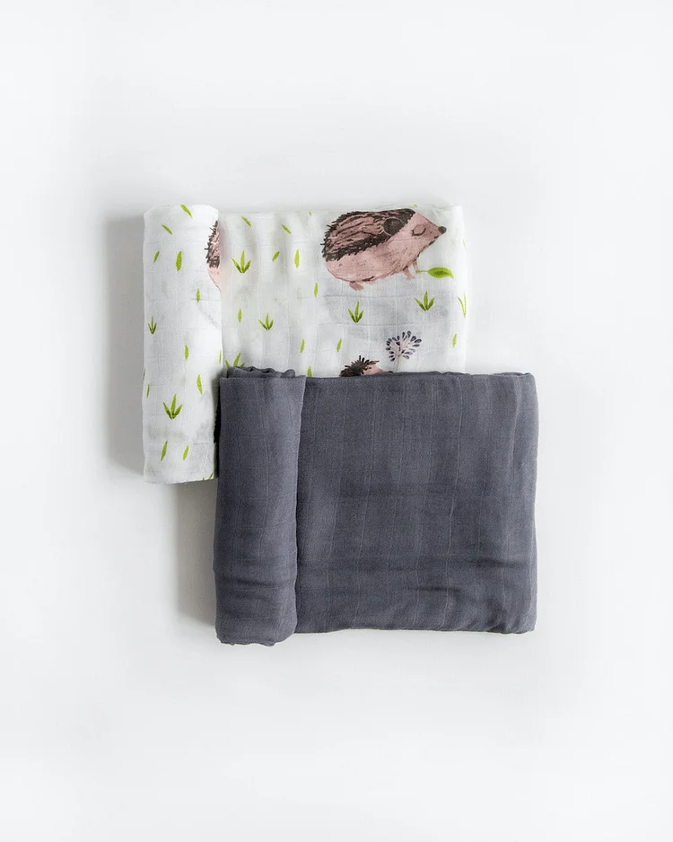Deluxe Muslin Swaddle Blanket 2 Pack - Charcoal Hedgehog