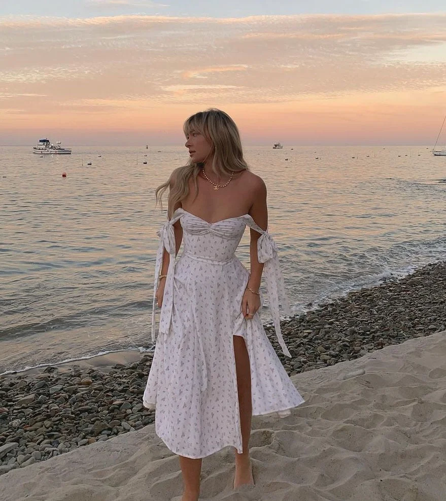 Summer Spring Floral Dress Women's Sexy Casual Fashion Sundress Midi Slip Backless Pleated Slit White Yellow Lace-Up Flowers