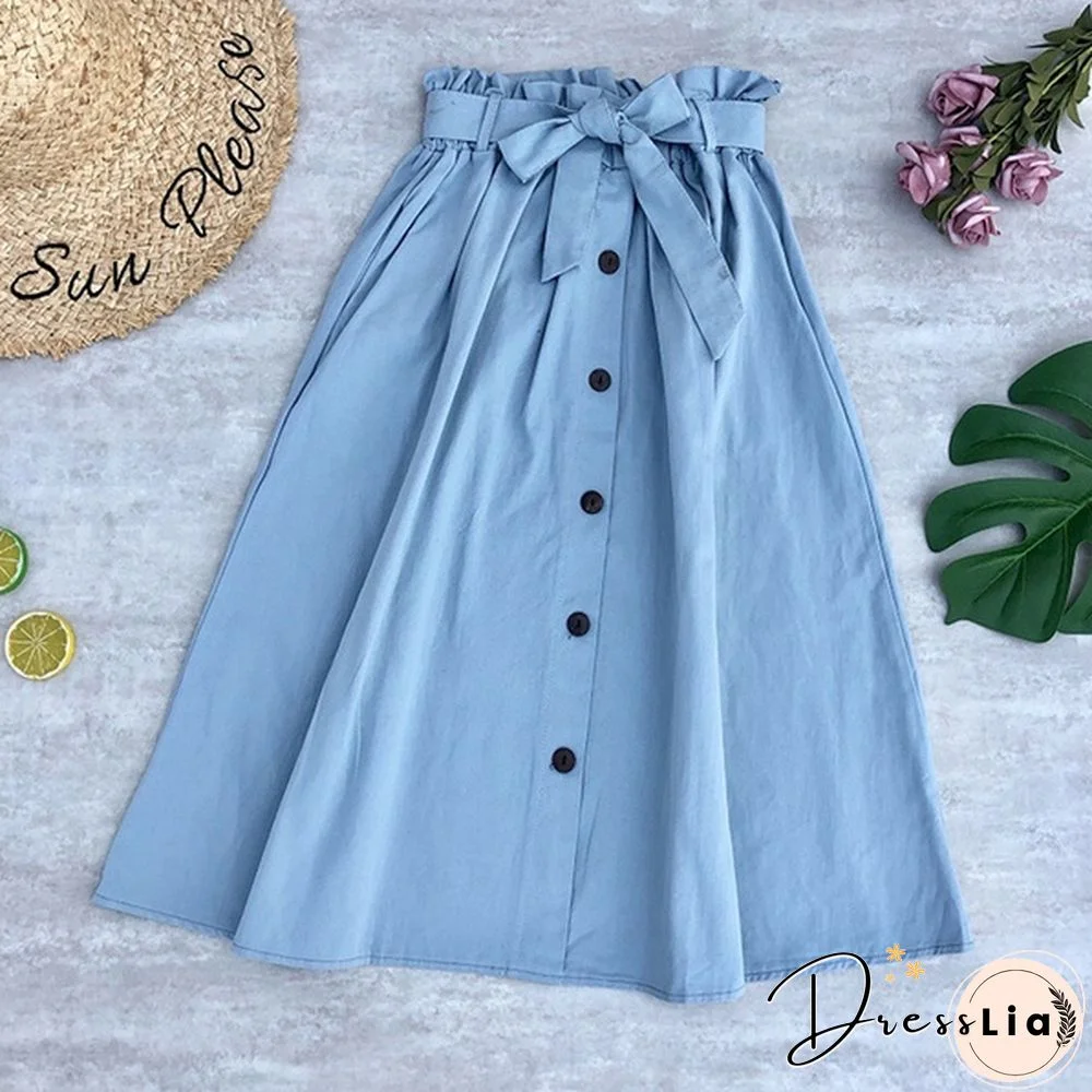 Women Skirts Fashion High Waist Skirt Women Spring Summer Midi Skirts Womens Elastic Waist A Line Ladies Skirts With Belt