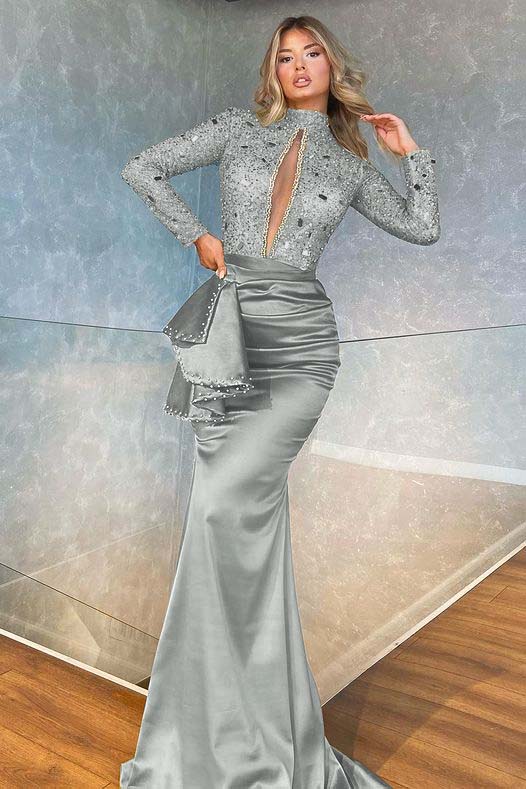 Hidais High Collar Long Sleeves Mermaid Pleated Sequins Prom Dress With Beadings