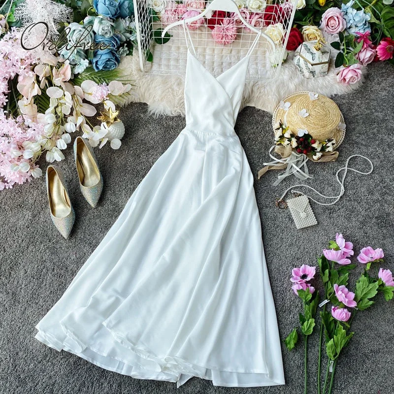 Ordifree 2022 Summer Women Slip Satin Dress Backless Belted Elegant Vacation Party Midi Dress