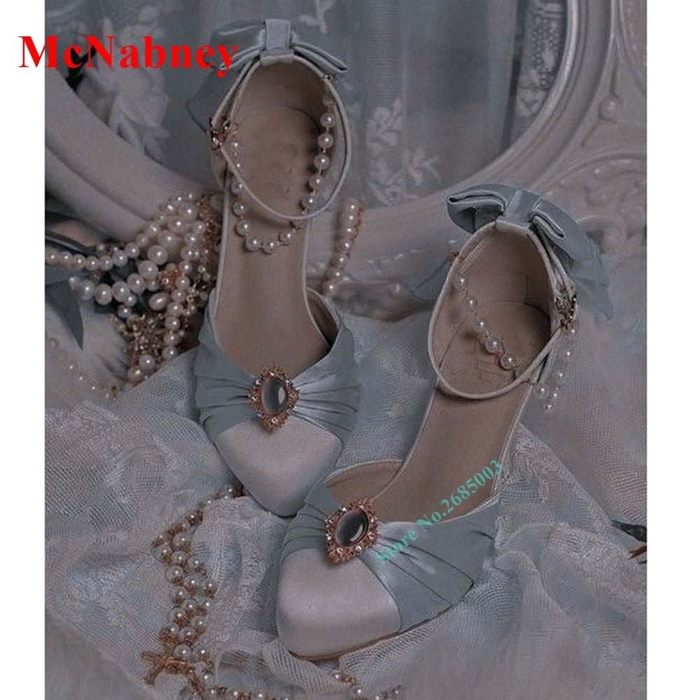 Ribbon Pointy Toe Crystal Women's Pumps Ankle Buckles Pearl Chain Butterfly Knot Summer Pumps Wedding Shoes Thin High Heel Candy