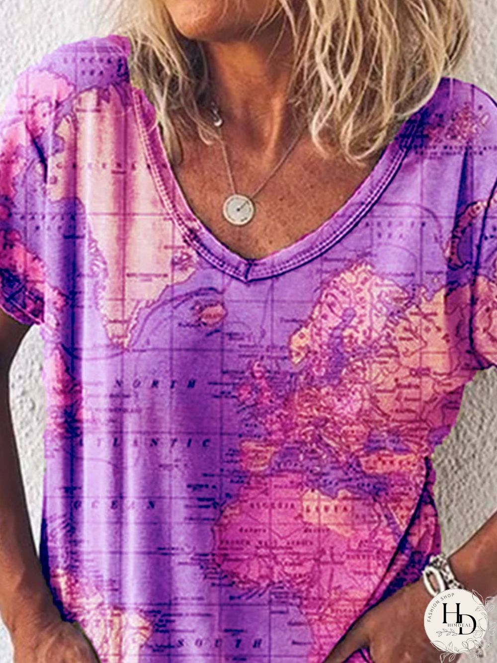 Printed V Neck Cotton Short Sleeve T-shirt