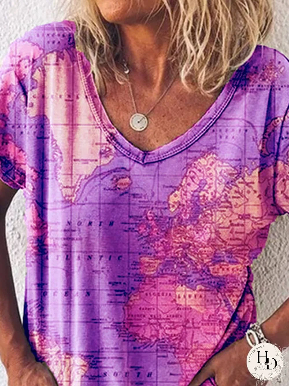 Printed V Neck Cotton Short Sleeve T-shirt