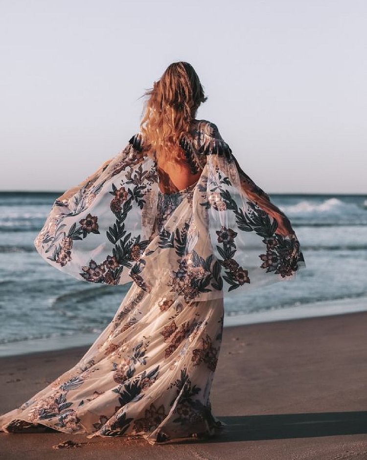 Tribal Tulle Print Open Back Fringed Dress