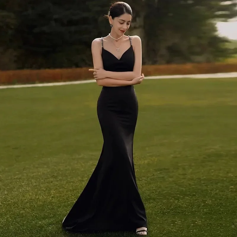 Abebey-nye outfits 2025 Party Evening Dress Women Sexy Backless Pearl Prom Dresses Luxury Black Sleeveless Trumpet Vestido Bodycon Wedding Vestidos-back to school dress 2025