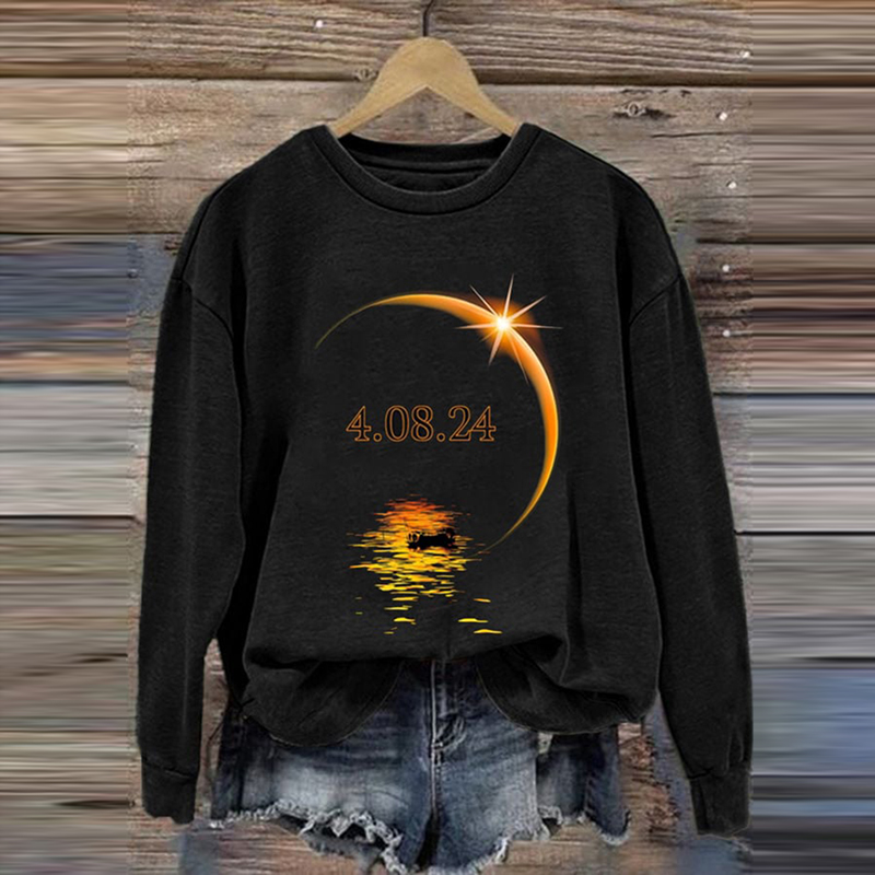 Comstylish Vintage Solar Eclipse 2024 Print Casual Sweatshirt