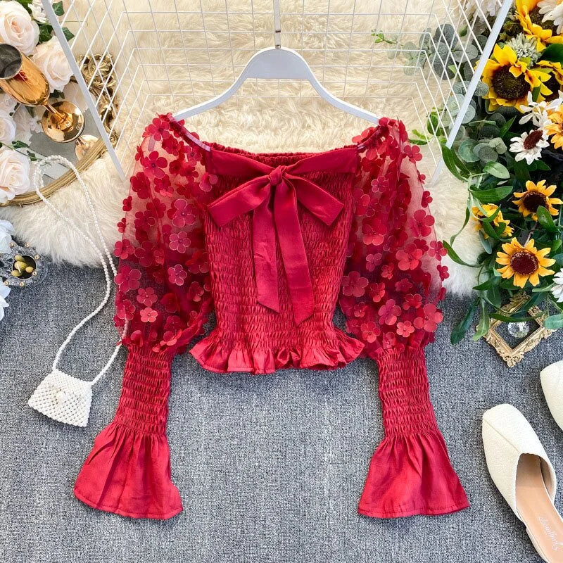 Elegant Spring Summer Women Short Shirt Sweet 3D Flower Appliques Mesh Crop Tops Slash Neck Puff Long Sleeve Ladies Blouse