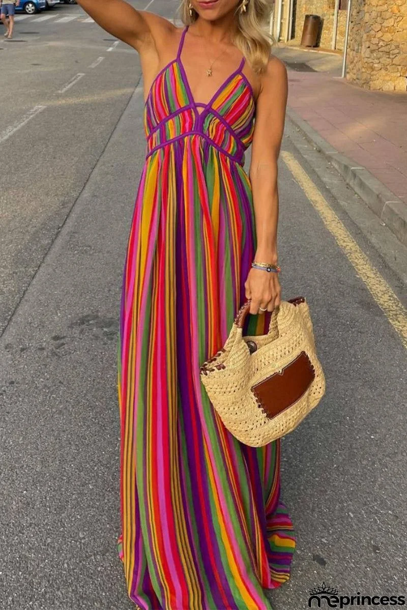 Sexy Vacation Striped Contrast V Neck Dresses