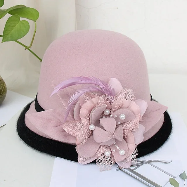 Women's Party Hat Flower Feathers Pearl Decoration Elegent Vintage Hat