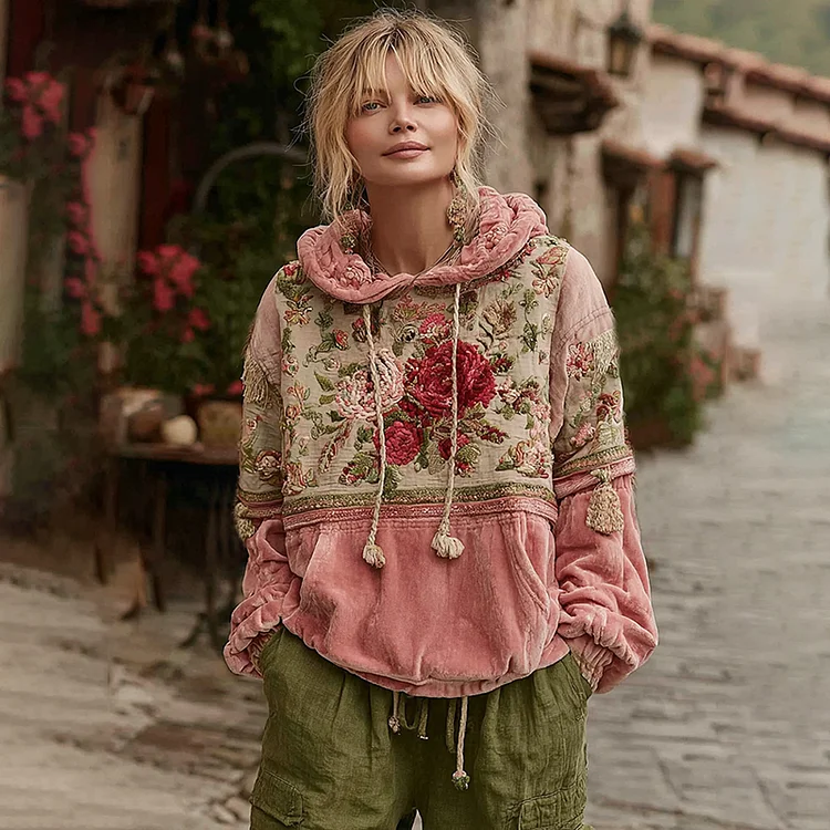 Women's Vintage Floral Embroidery Art Casual Hoodie