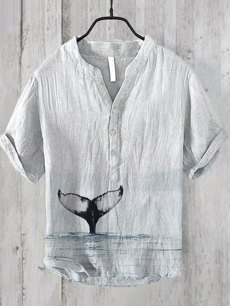 Whale Tail Print Linen Blend Casual Shirt