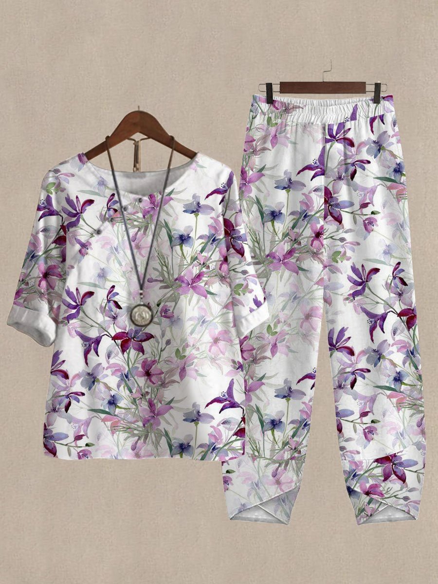 Purple Watercolor Floral Print Top And Pants Casual Two-piece Suits