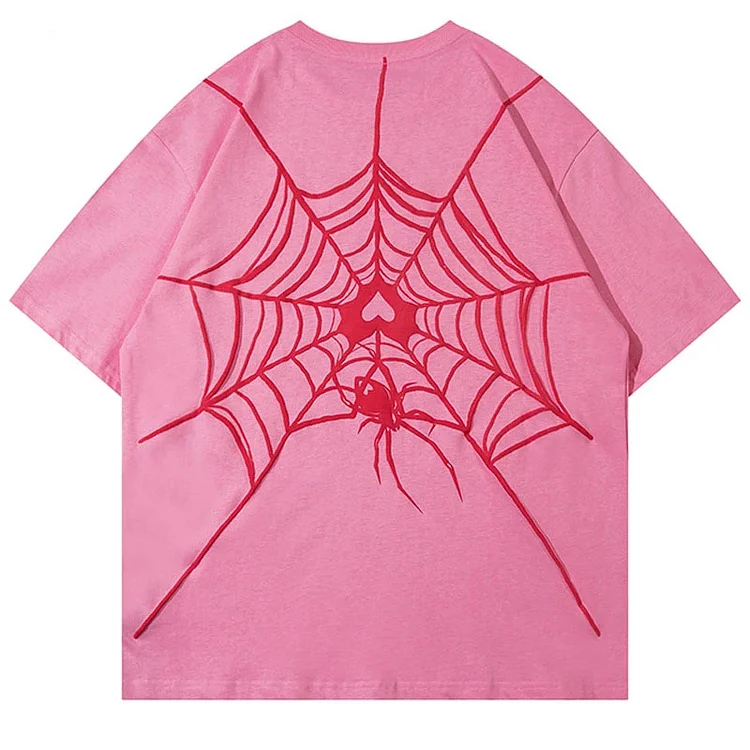 Spider Web Love Spider Loose T-Shirt Foam Printed Short Sleeves at Hiphopee