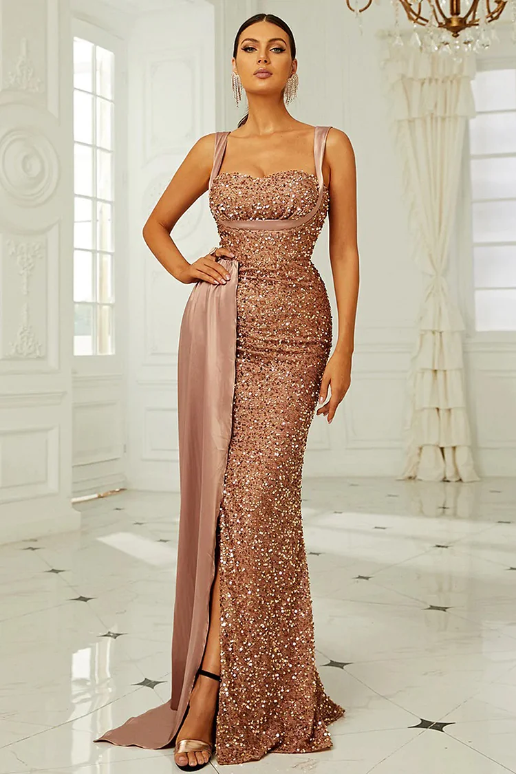 Sequin Strap Sash Maxi Gown Dresses