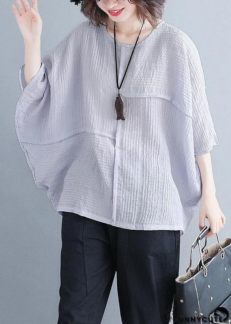 Classy o neck Batwing Sleeve patchwork cotton blended Shirts Women design gray purple baggy tops Summer