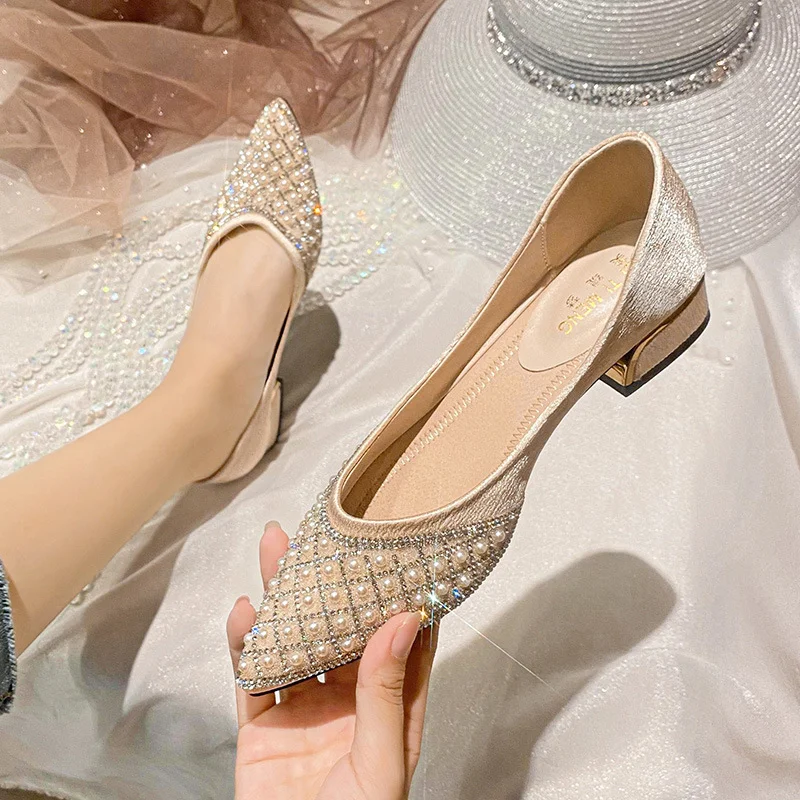 low heel pearl rhinestone women's shoes