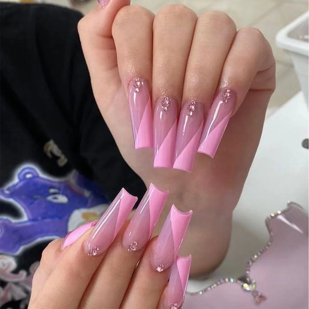 24pcs Nude Pink Long French Fake Nails Extra Rhinestone Decal Bride Wedding Ballerina Coffin Nail Decoration Tips Press on Nails