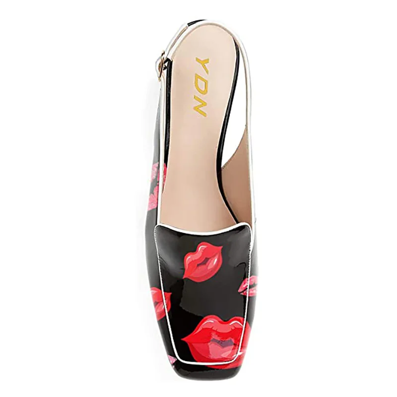 Black Kiss Print Square Toe Slingback Chunky Heeled Loafers