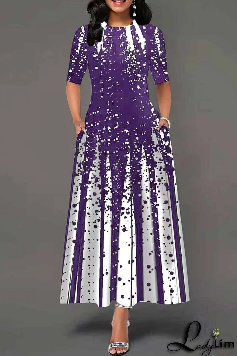 Purple Fashion Casual Print Basic O Neck Long Dress