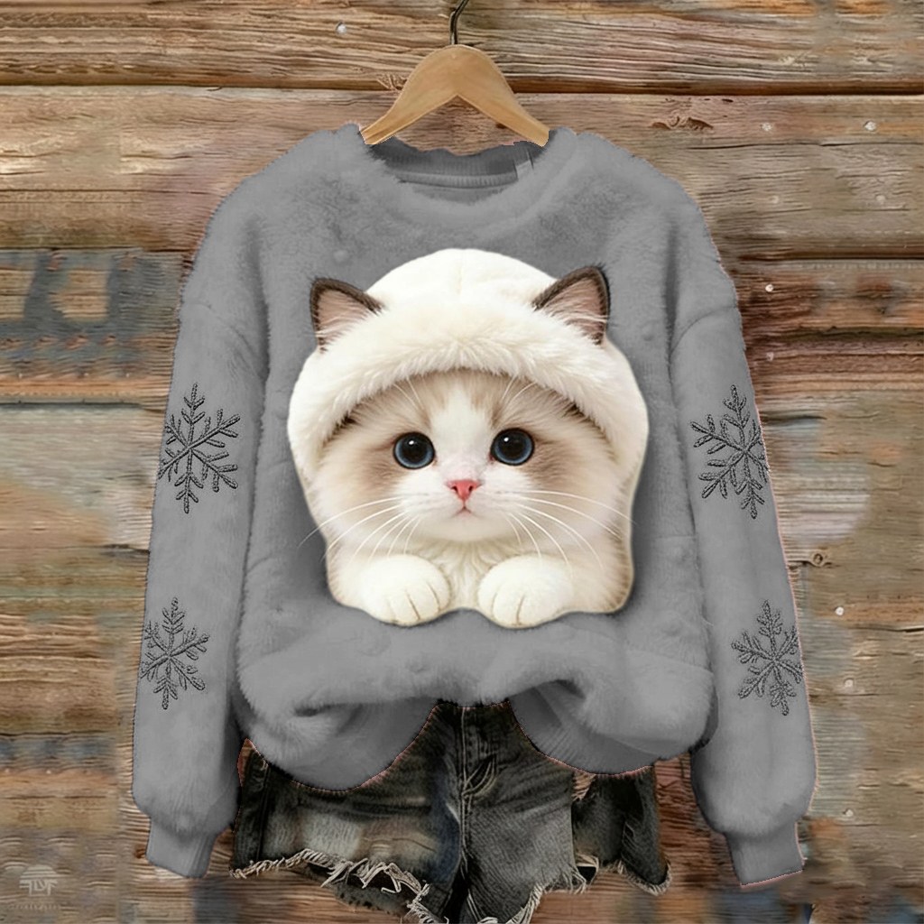 Cat Pocket Flannel Crewneck Sweatshirt wearshes
