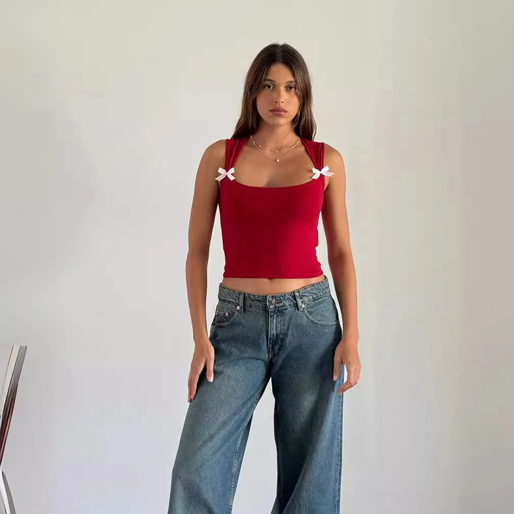 Uveng Uveng New Summer Y2K Fashion Bow Slim Short Style Sling Slim Vest Female