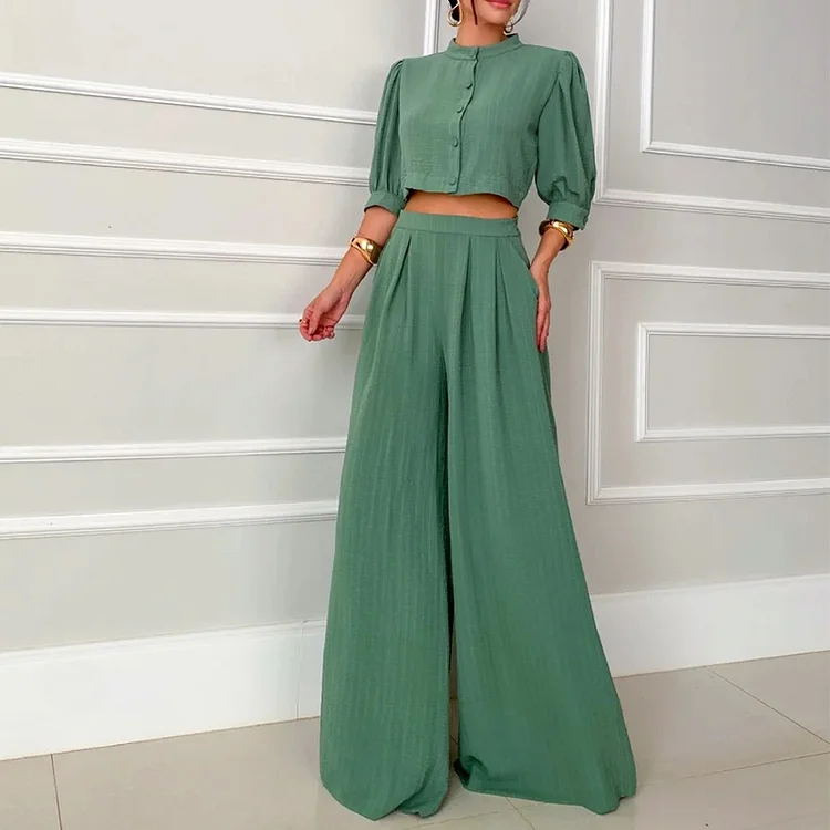Round Neck Half Sleeve Short Vest High Waist Straight Pants Suit