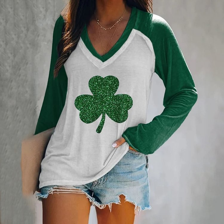 Comstylish St. Patrick's Day Shamrock Print V Neck Long Sleeve T-Shirt