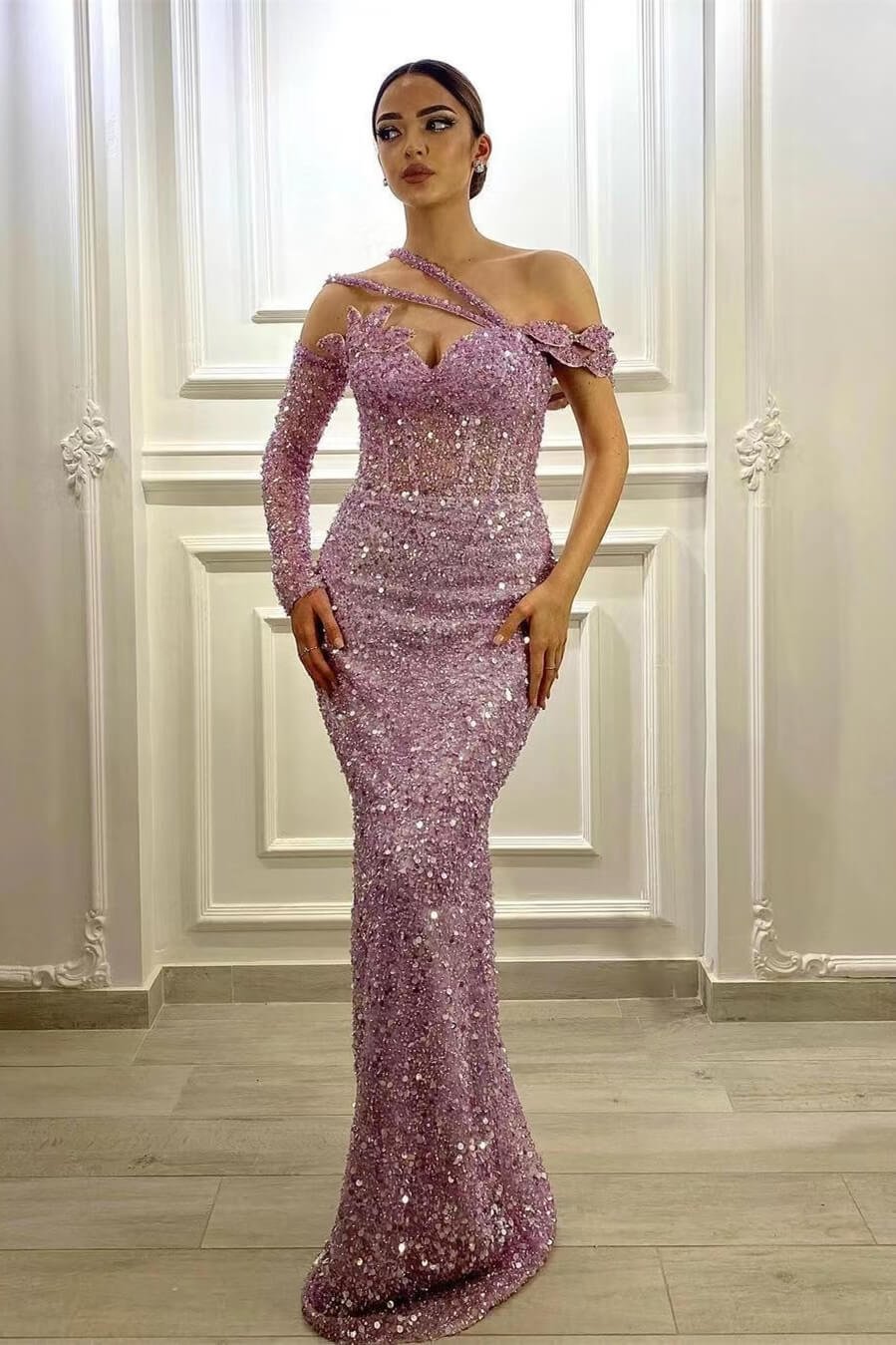 Lavendel Prächtig lange Ärmel mit Pailletten Abendkleid Meerjungfrau Ballkleid ED0140 Lunass