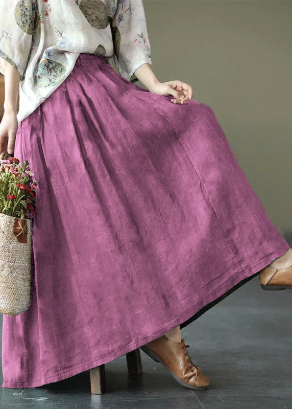 Women pink Print Ramie Elastic Waist Skirt