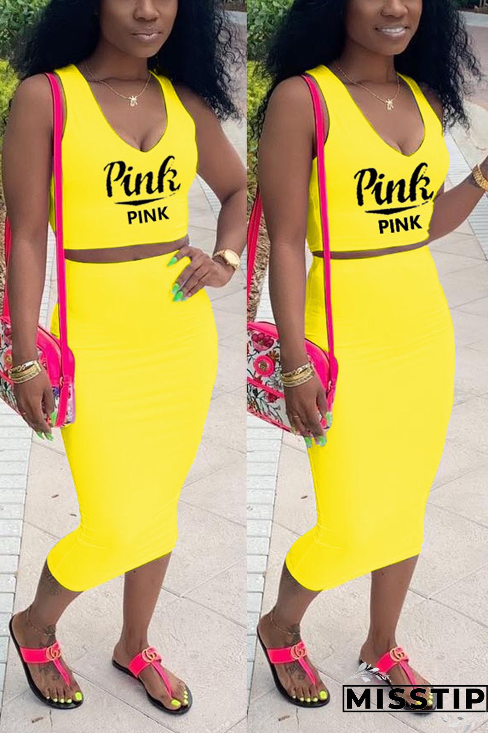 Blue Fashion Casual Printed Sleeveless Top Set