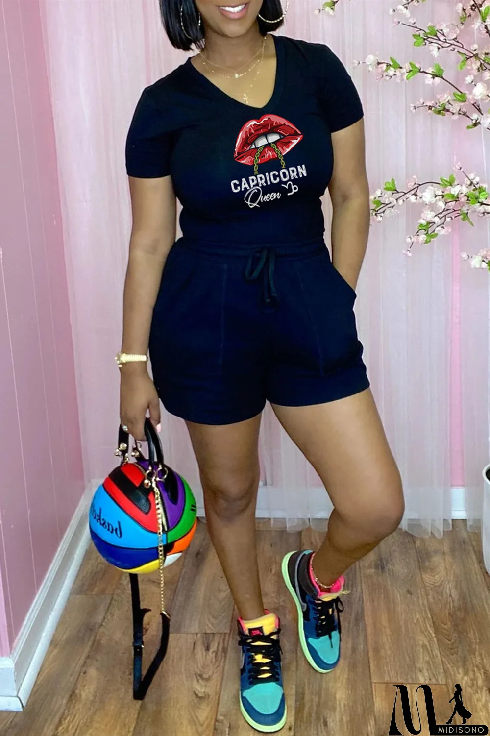 MidiSono - Rose Red Fashion Casual Lips Printed Basic V Neck Short Sleeve Two Pieces