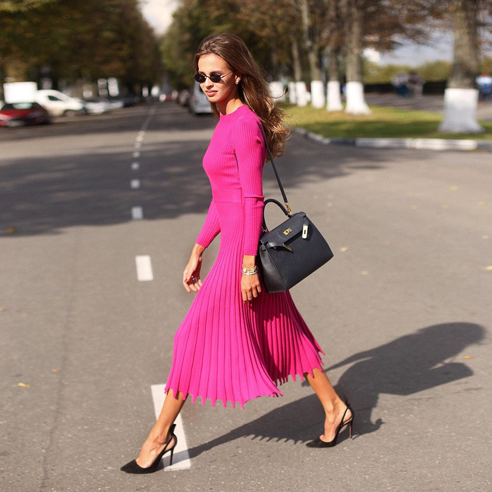 Ootddress Ribbed Pleated Knit Dress Women Loose Fashion Patchwork Long Sleeve Dress High Waist Knitwear Female Autumn Maxi Dress New