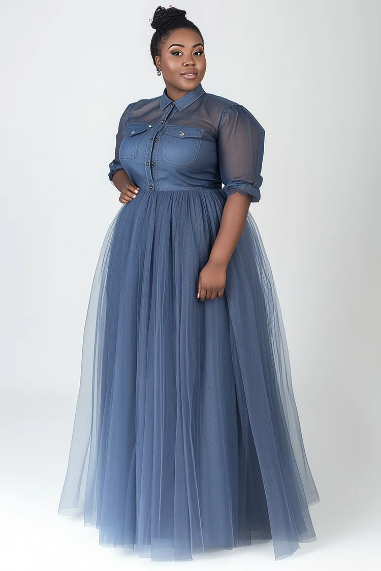 Xpluswear Design Plus Size Semi Formal Blue Shirt Collar Short Sleeve See Through Contrast Tulle Tencel Denim Maxi Dresses [Pre-Order] 2024 - Xpluswear