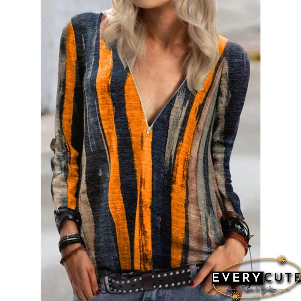 Womens Fashion Casual Zipper Long Sleeve Blouse Ladies Female Printing Loose Shirt Plus