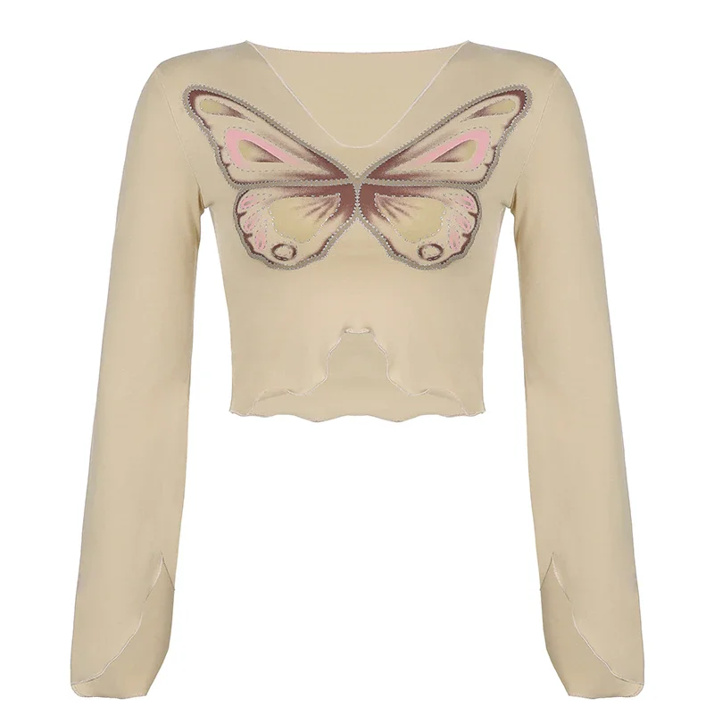 Ueong HEYounGIRL Butterfly Print Cute Flare Sleeve Crop Top T Shirt Women Ruffles Fashion Autumn Basic T-shirt Ladies Streetwear 2021