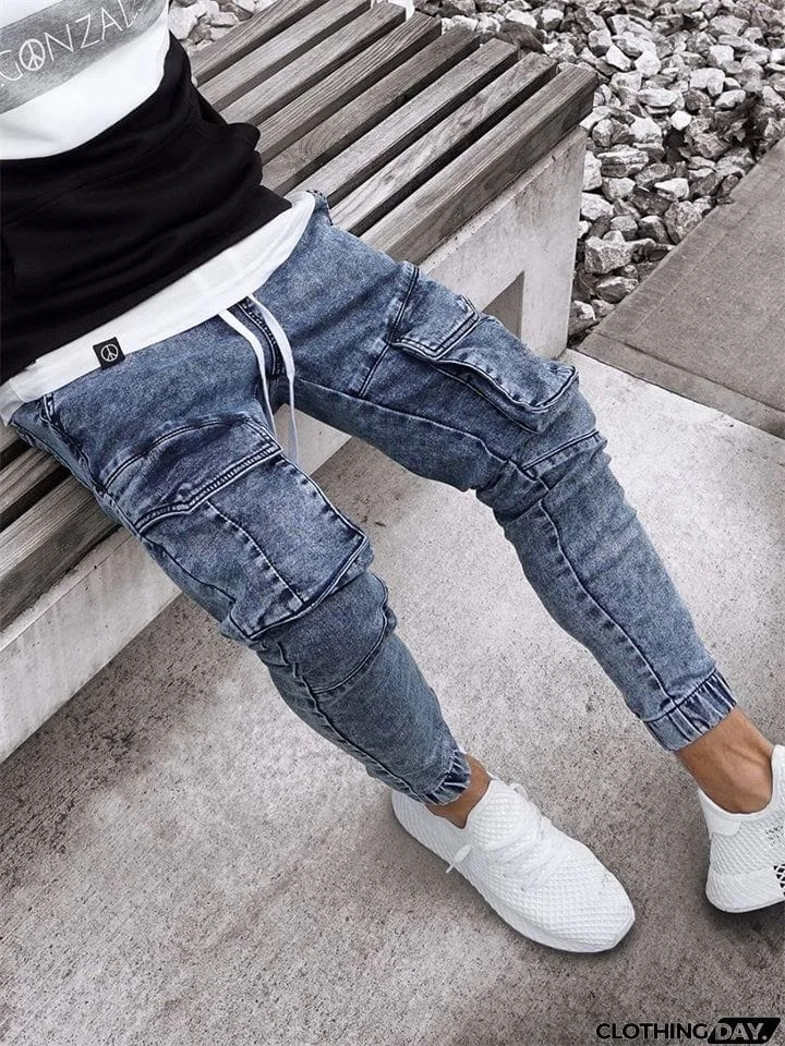 Men's Skinny Elastic Waist Drawstring Blue Jeans