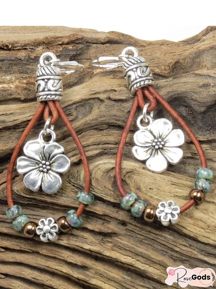 Ethnic Vintage Floral Pattern Leather Earrings Western Boho Jewelry