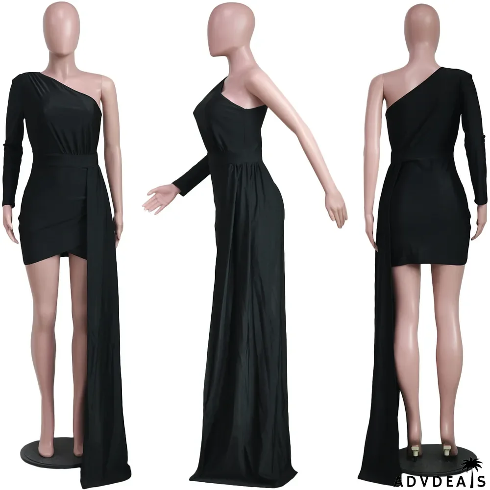 Solid One Shoulder Irregular Mini Dress