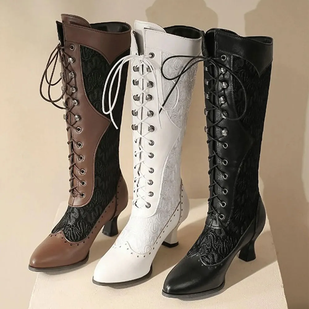 Women's Black Pointed Toe Spool Heel Lace Up Knee High Boots