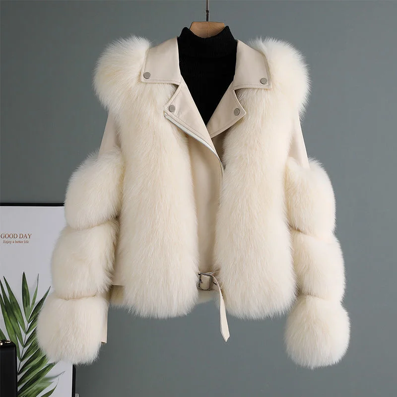 Women Faux Fur Coat with Fox Fur Winter Fashion New Motorcycle Style Luxury Fox Fur Leather Jackets Women Trendy Overcoats