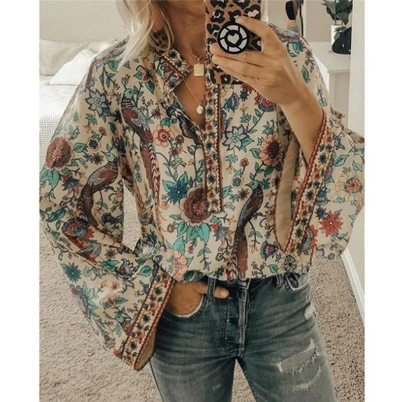 GAOKE Women Tops And Blouses Long Sleeve Bohemian Beach Loose Female Shirt Blouse Boho Fashion V Neck Lady Top Blusas
