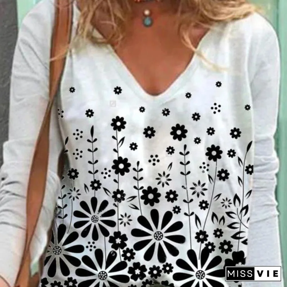 Black Flower Pattern White Round Neck Top