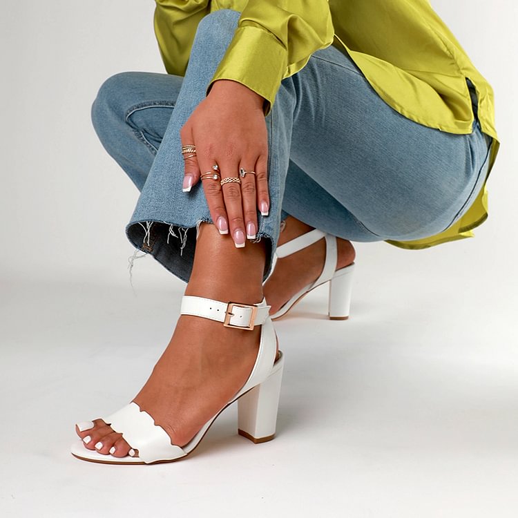 White Lace Strap Sandals Classic Open Toe Shoes Office Chunky Heels |FSJ Shoes