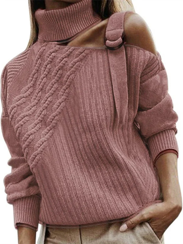 Women Long Sleeve Turtle Neck One Shoulder knit Sweaters