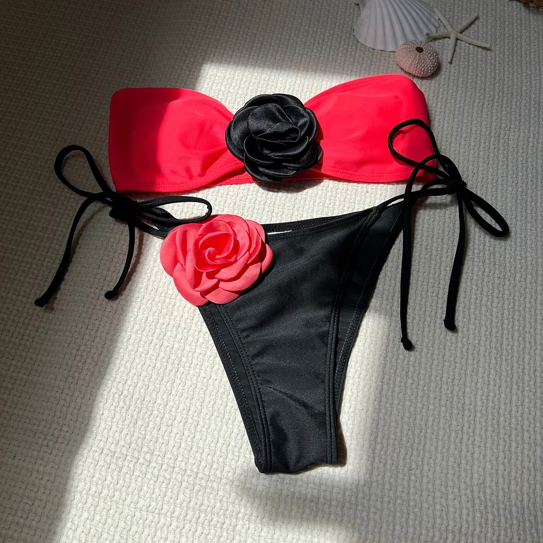 Uveng 2024 Color Rose Brae With Drawstring Strap Split Swimsuit Bikini99149
