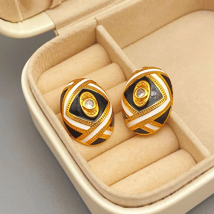 Vintage oval stripe enamel with diamond stud earrings