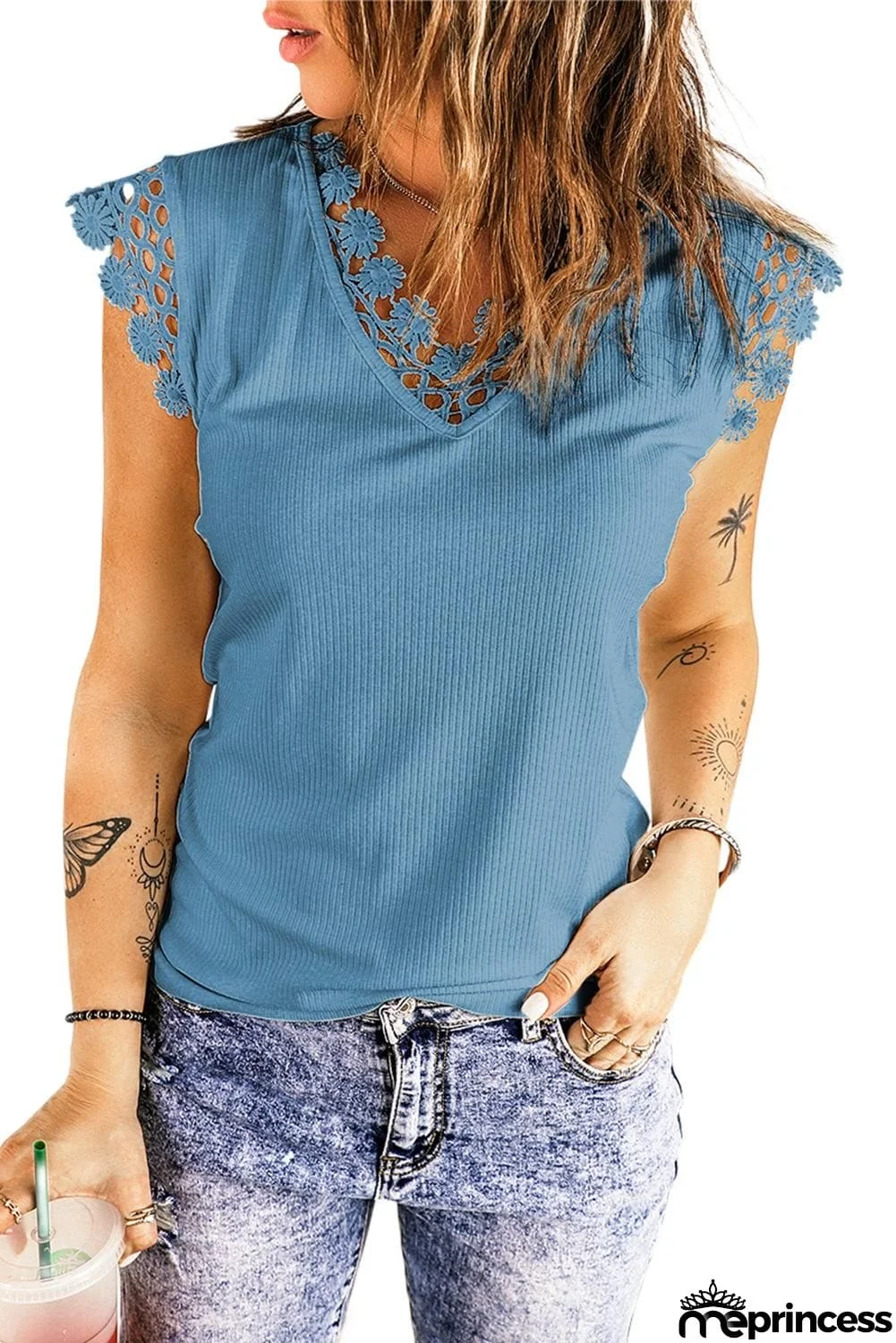 Lace Trim V-Neck Capped Sleeve Top